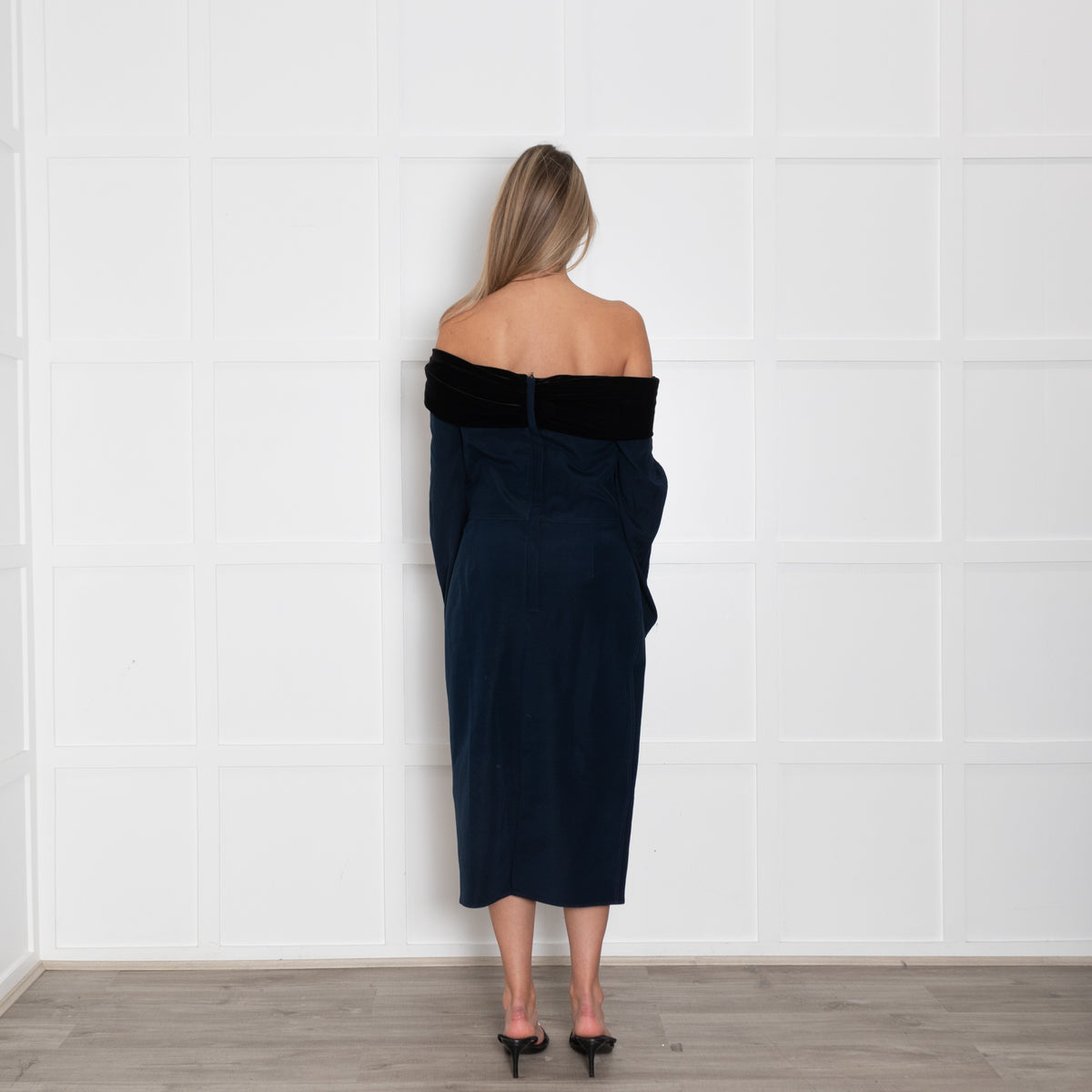 Emilio De La Morena Navy Blue Black Velvet Trim Sleeved Dress