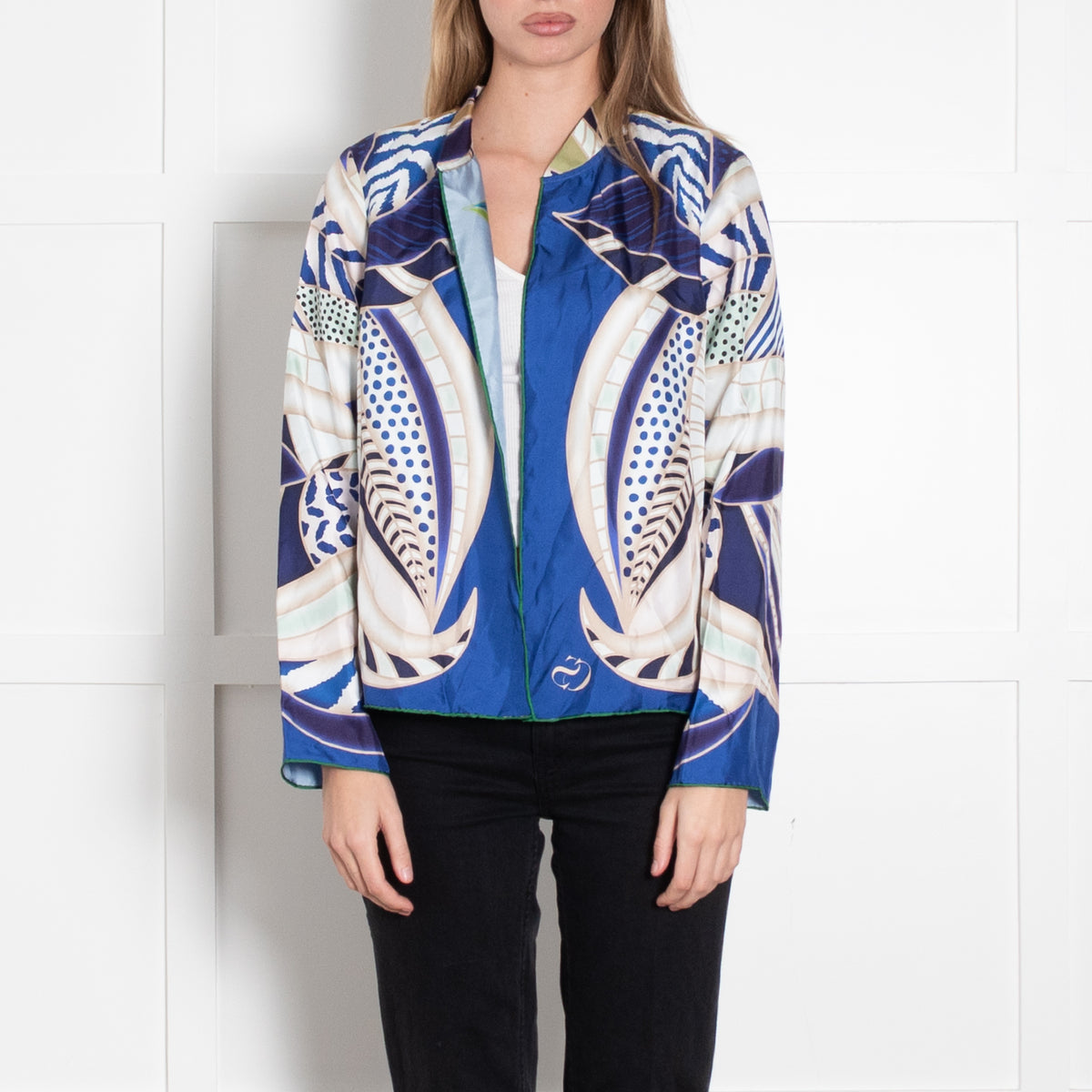 Charlotte Sparre Colbalt Blue Beige Green Abstract Leaf Print Silk Jacket