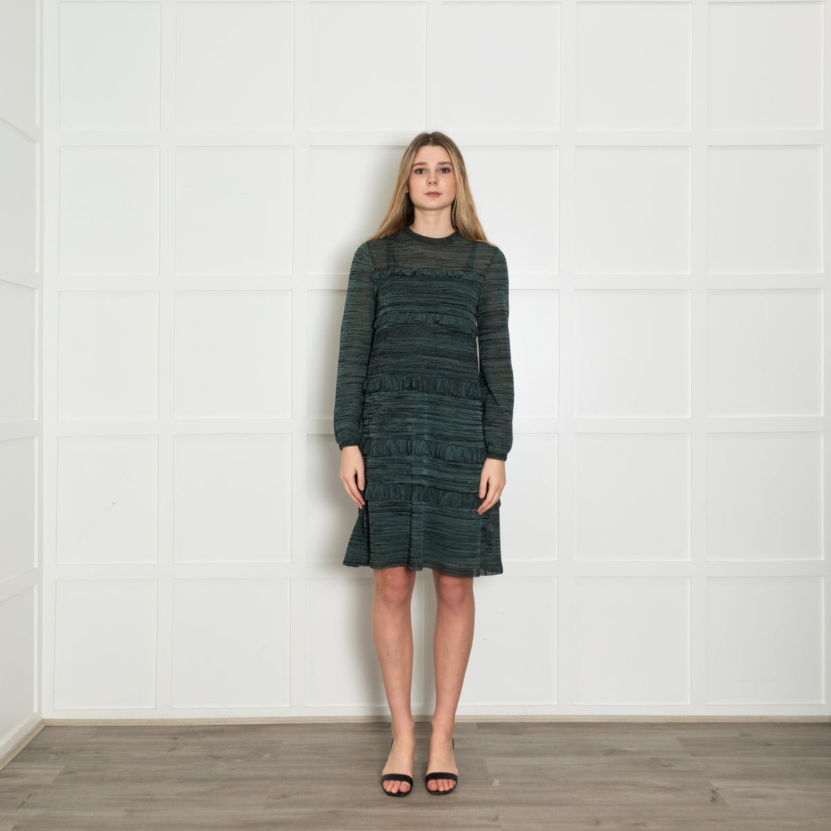 M Missoni Teal Black Knit Frill Trim Long Sleeve Dress With Slip