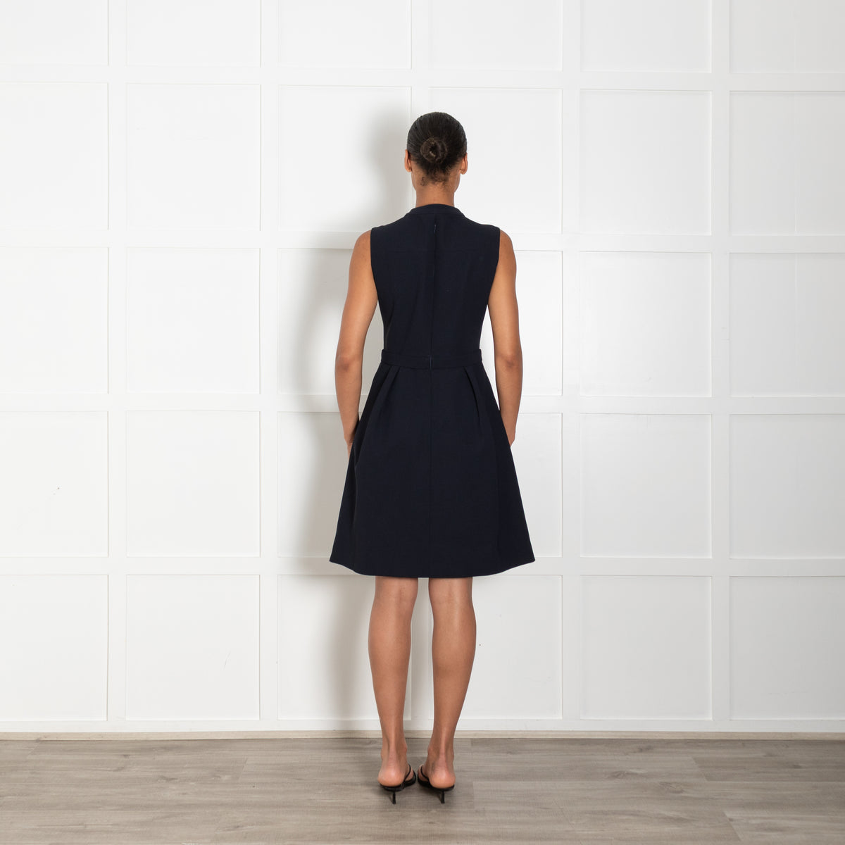 Machka Navy Blue Sleeveless Dress With Frill & Button Front