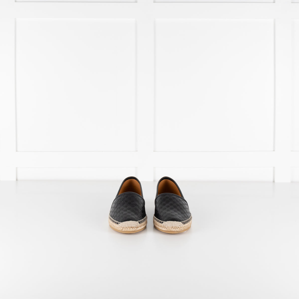 Gucci Black Leather Logo Embossed Espadrilles