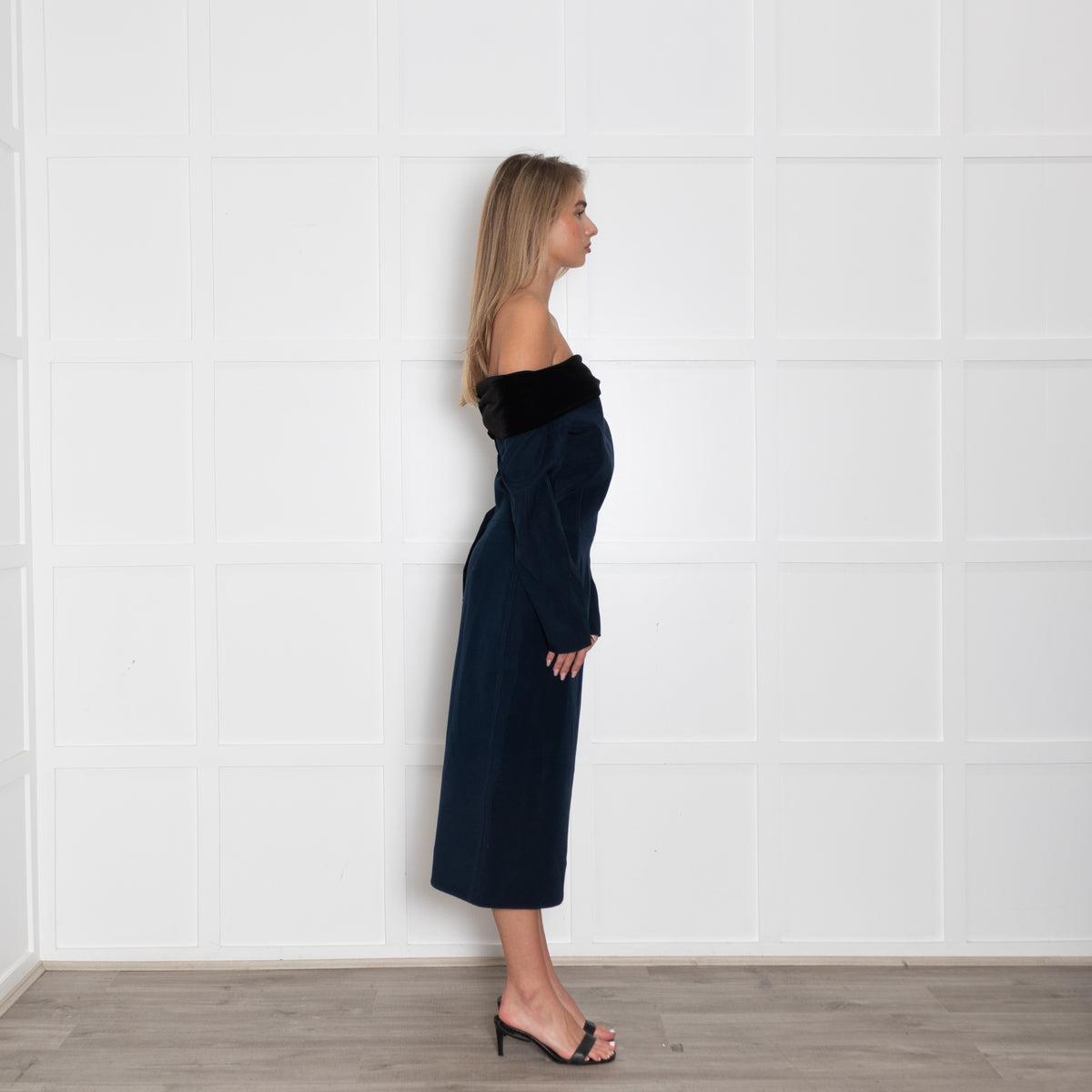 Emilio De La Morena Navy Blue Black Velvet Trim Sleeved Dress