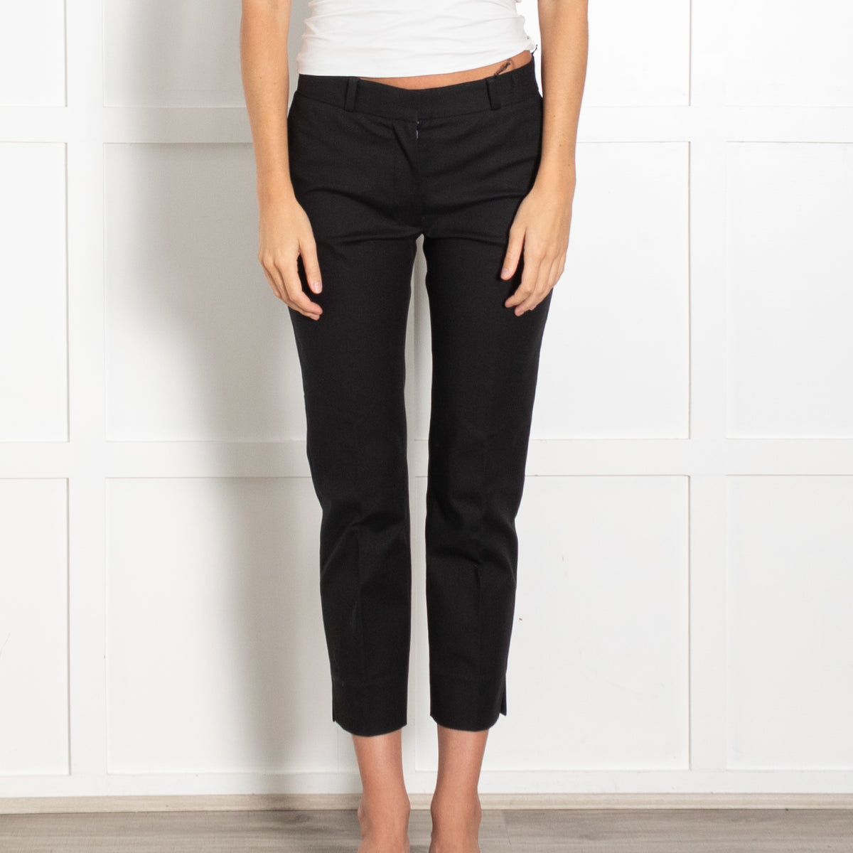 Joseph Black Cotton Elastane Side Split Detail Straight Leg Cropped Trousers