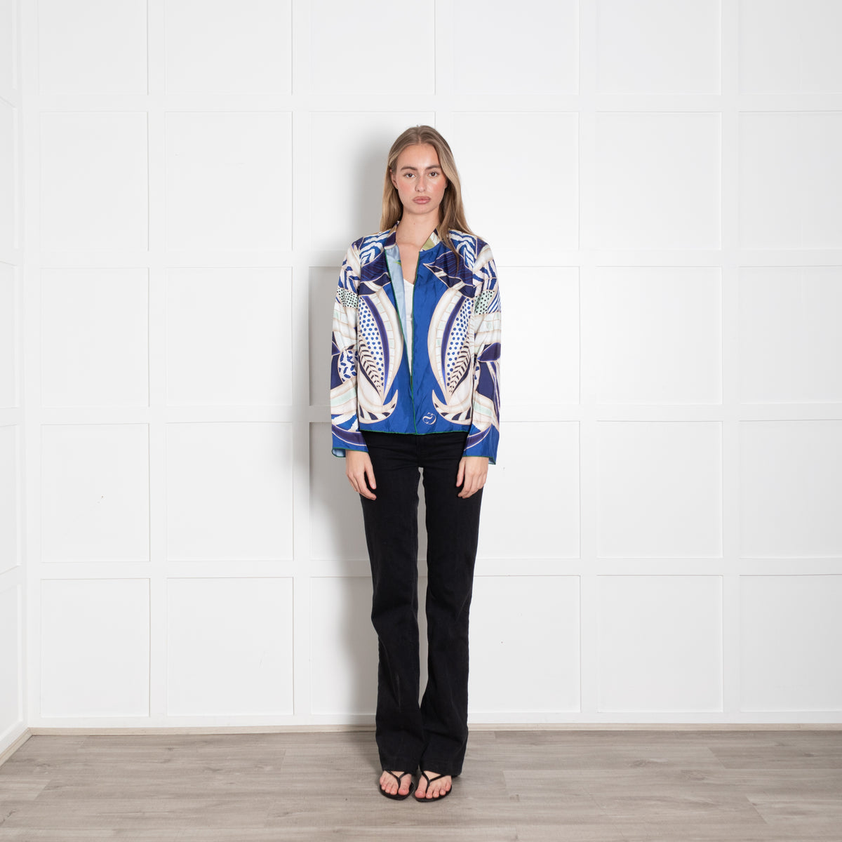 Charlotte Sparre Colbalt Blue Beige Green Abstract Leaf Print Silk Jacket