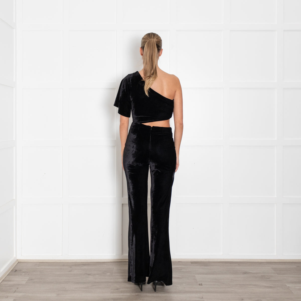 Lovers + Friends Black Velvet Cutout Off the Shoulder Jumpsuit
