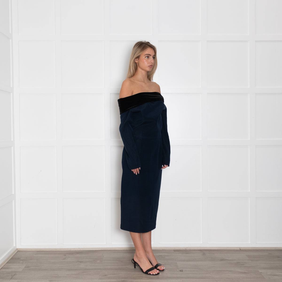 Emilio De La Morena Navy Blue Black Velvet Trim Sleeved Dress