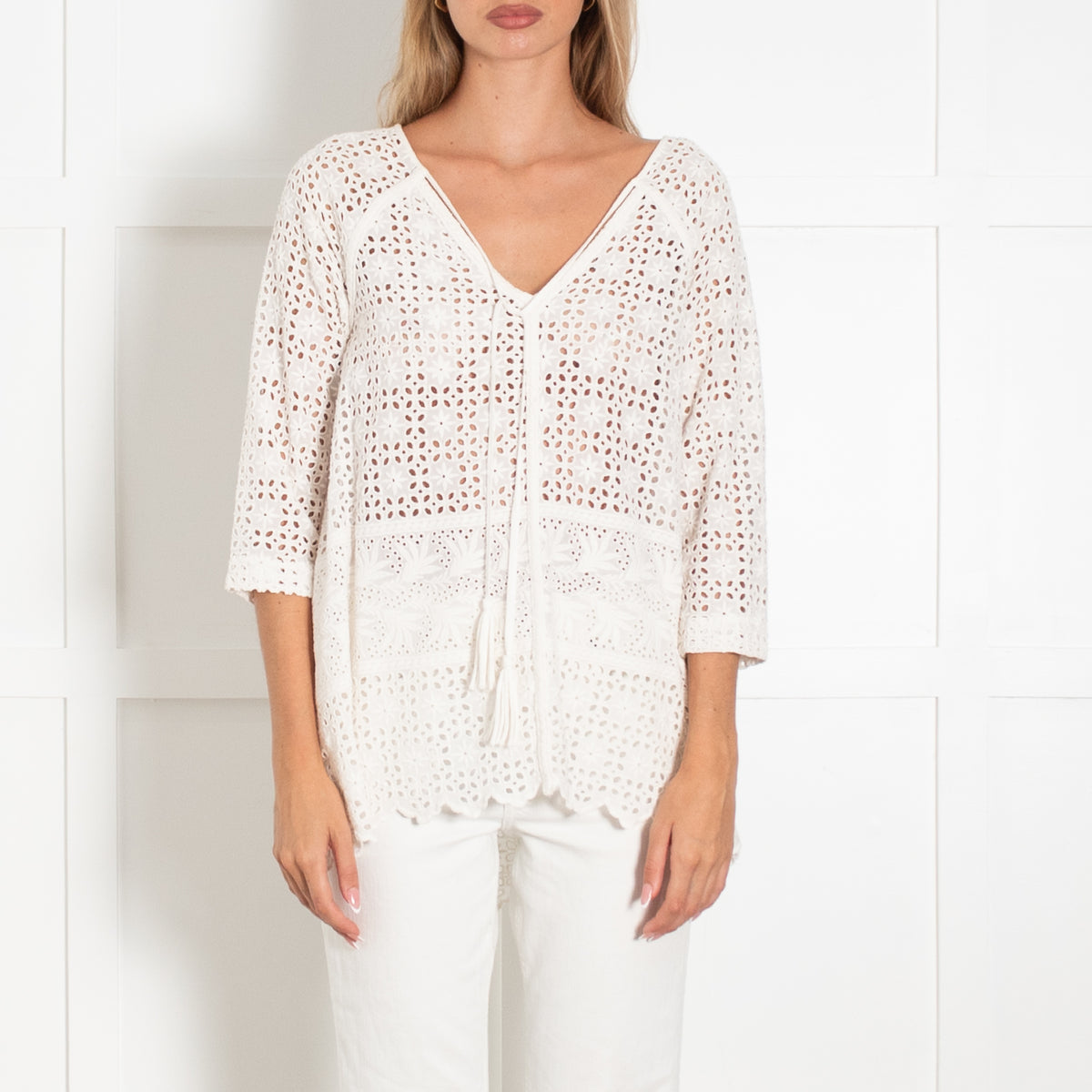 Stella Forest Cream Broderie Anglaise Top With Tassled Ties
