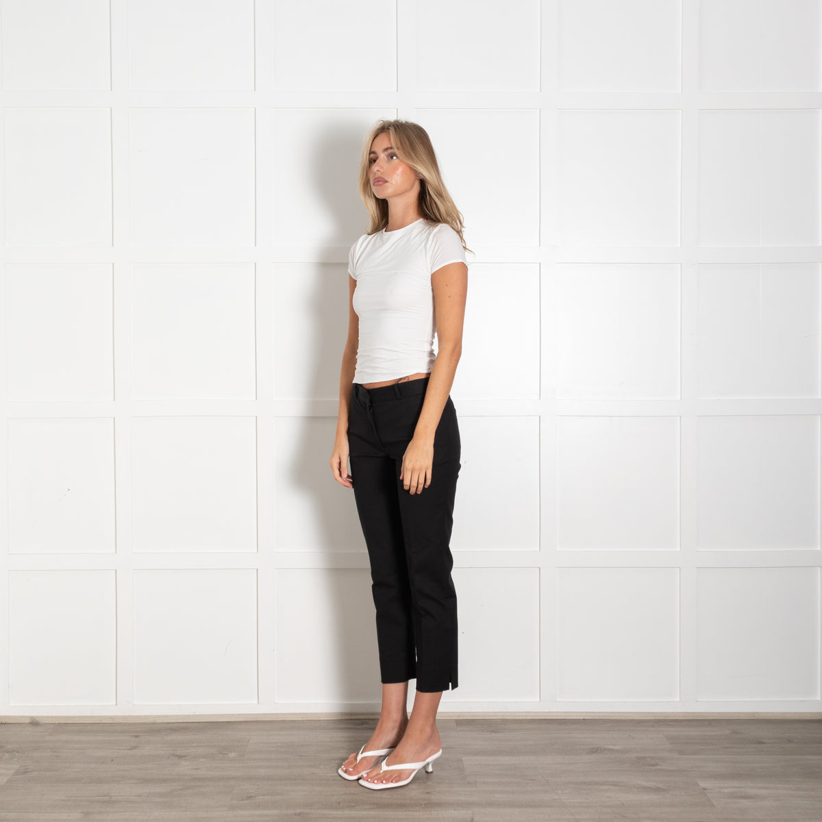 Joseph Black Cotton Elastane Side Split Detail Straight Leg Cropped Trousers