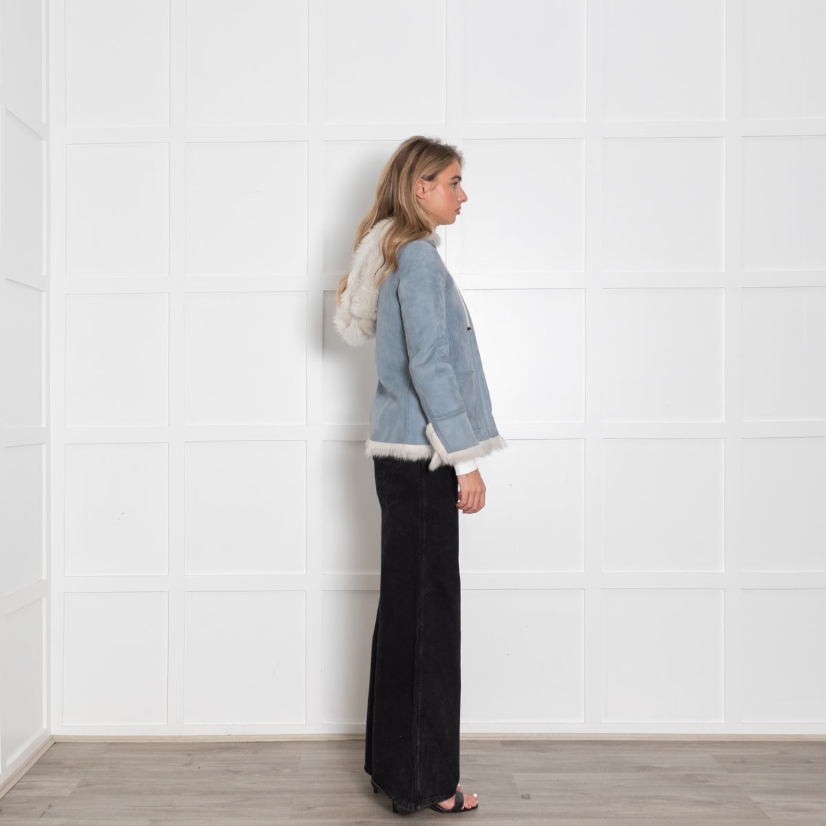 Asprey Pale Blue White Shearling Hooded Jacket