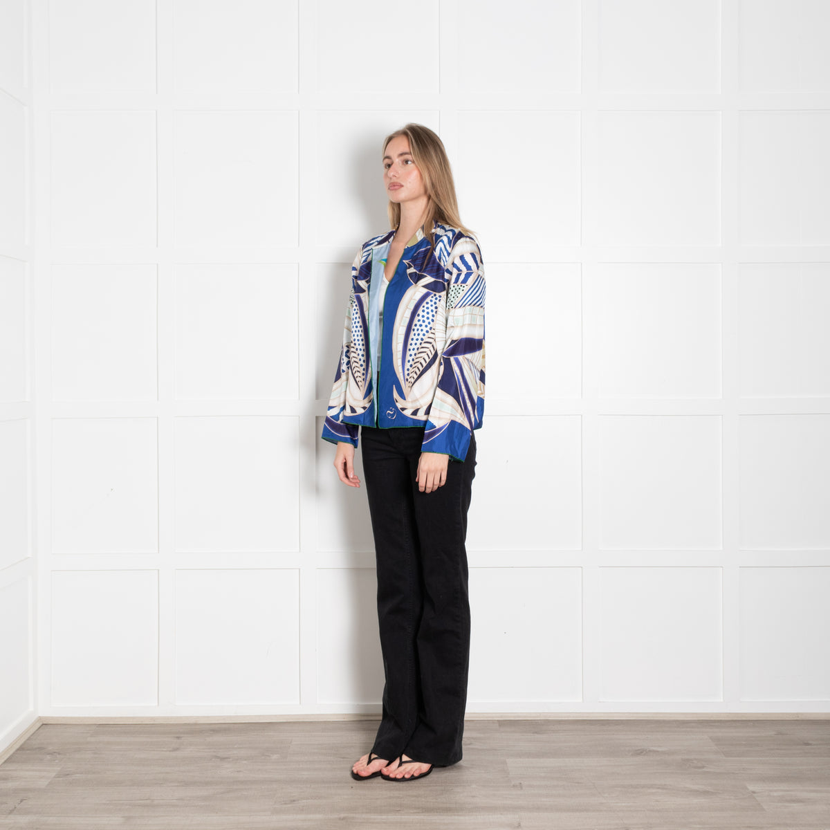Charlotte Sparre Colbalt Blue Beige Green Abstract Leaf Print Silk Jacket