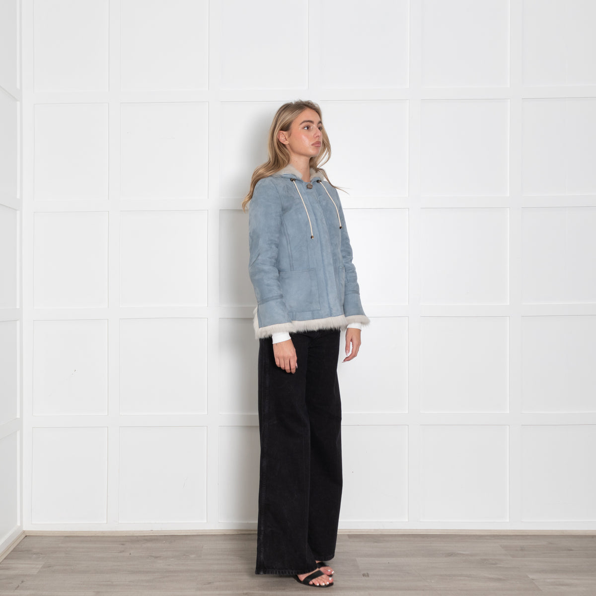 Asprey Pale Blue White Shearling Hooded Jacket