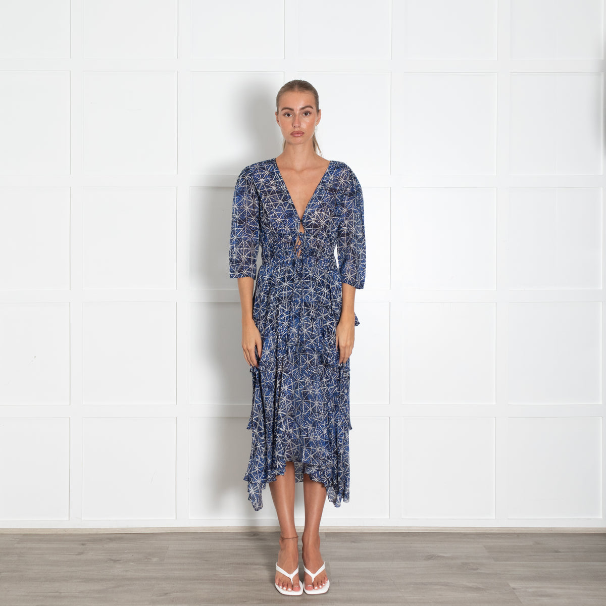 Maje Blue White V-Neck Frilled Midi Dress