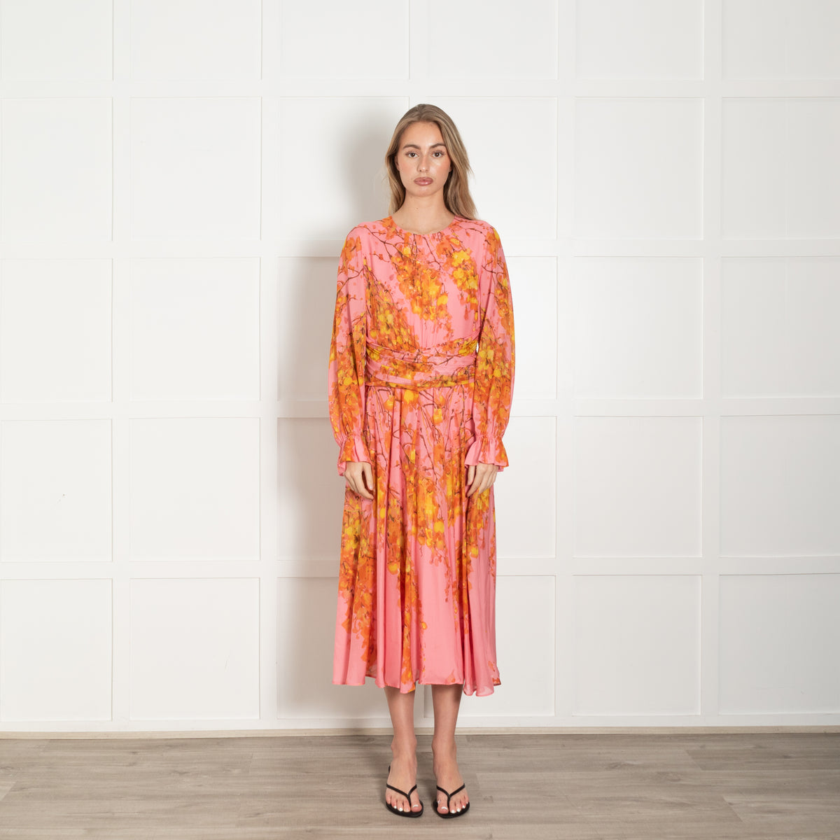 The Fold Pink & Yellow Floral Silk Dress With Gathered Long Sleeves