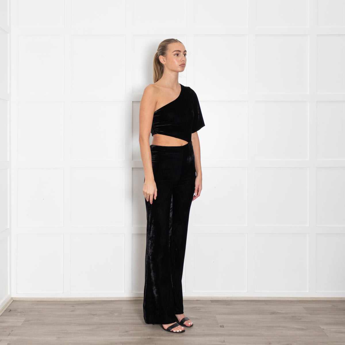 Lovers + Friends Black Velvet Cutout Off the Shoulder Jumpsuit