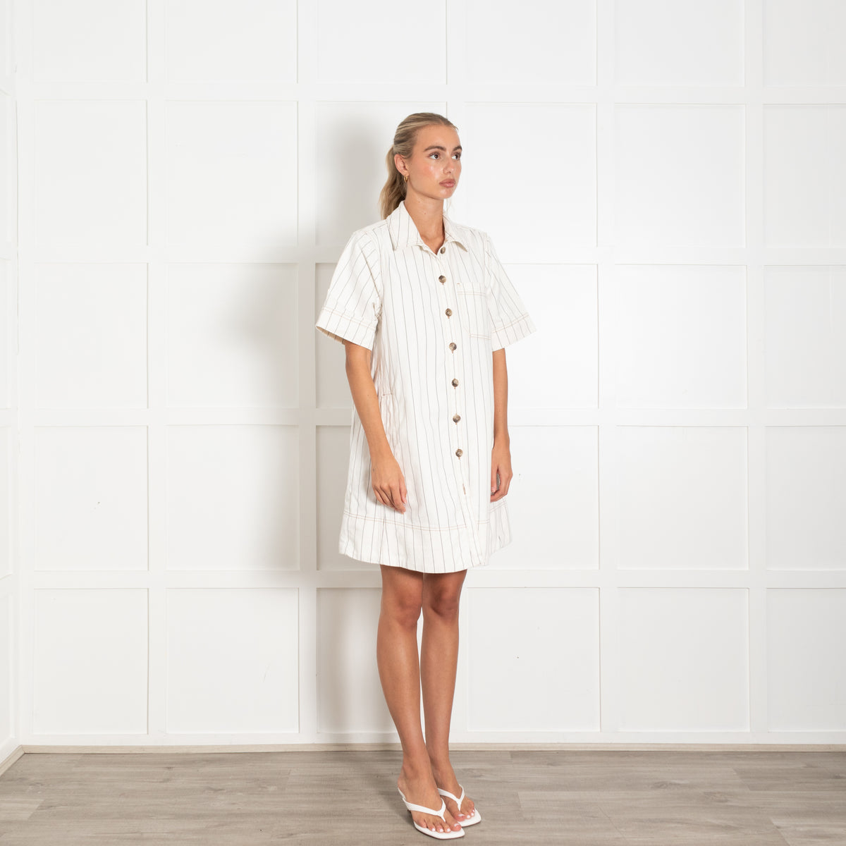 Me+Em Cream Striped Denim Short Shirt Dress