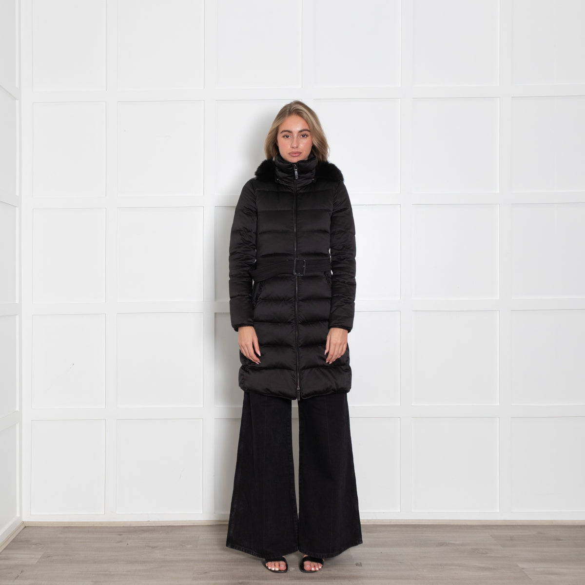 Burberry Prorsum Black Quilted Fur Hood Belted Coat