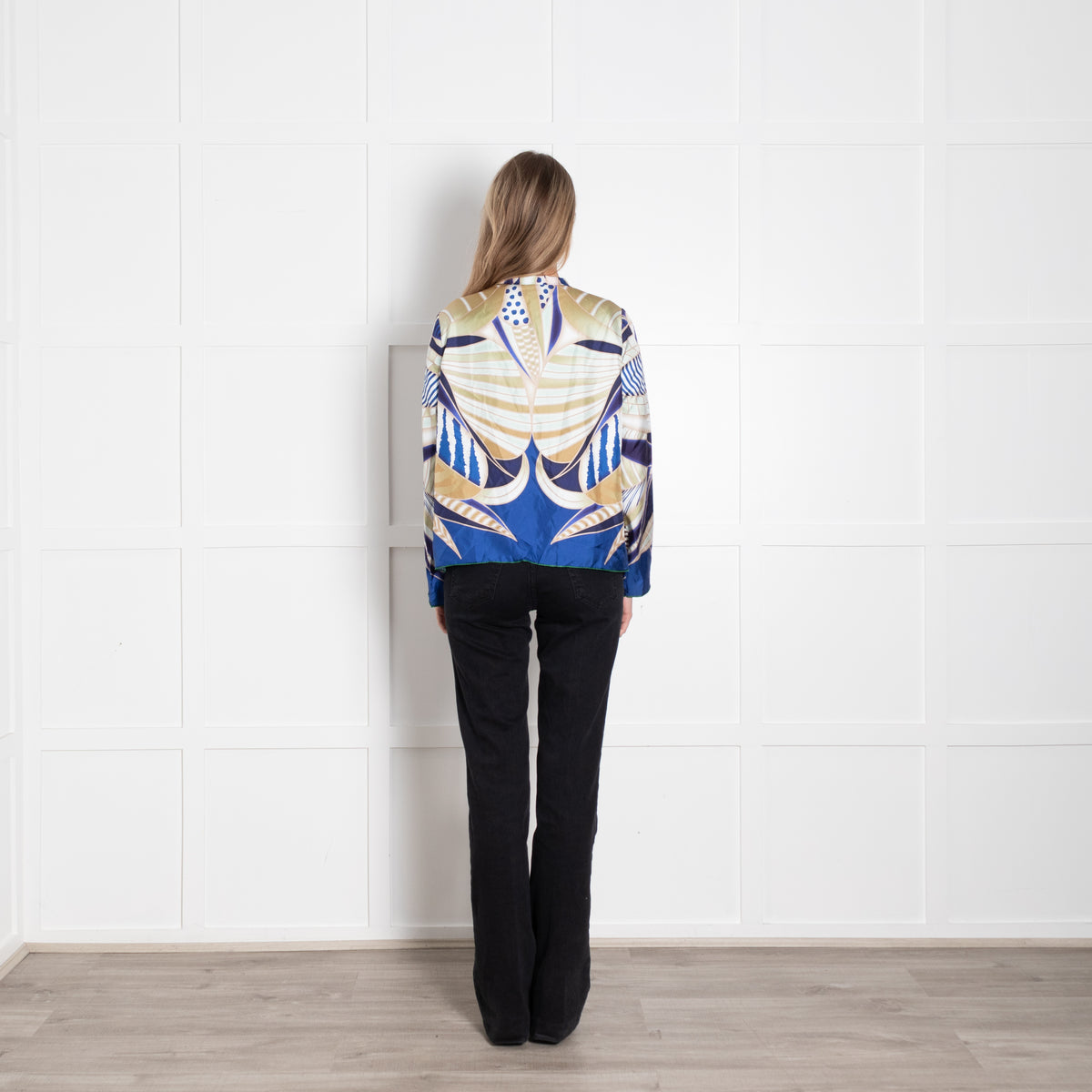 Charlotte Sparre Colbalt Blue Beige Green Abstract Leaf Print Silk Jacket