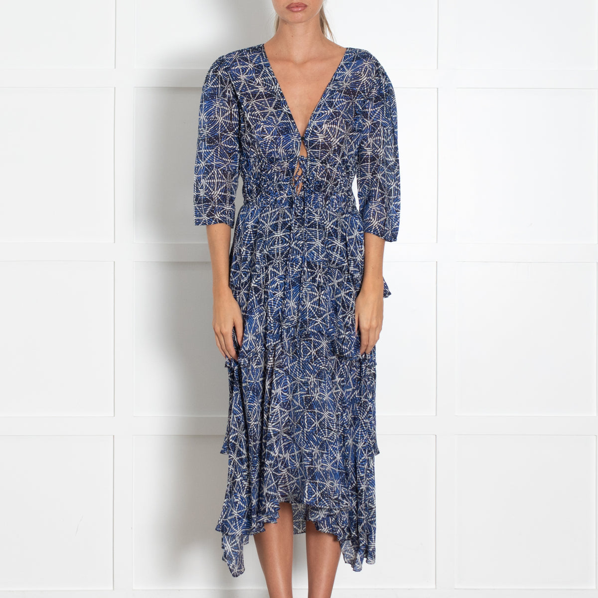 Maje Blue White V-Neck Frilled Midi Dress