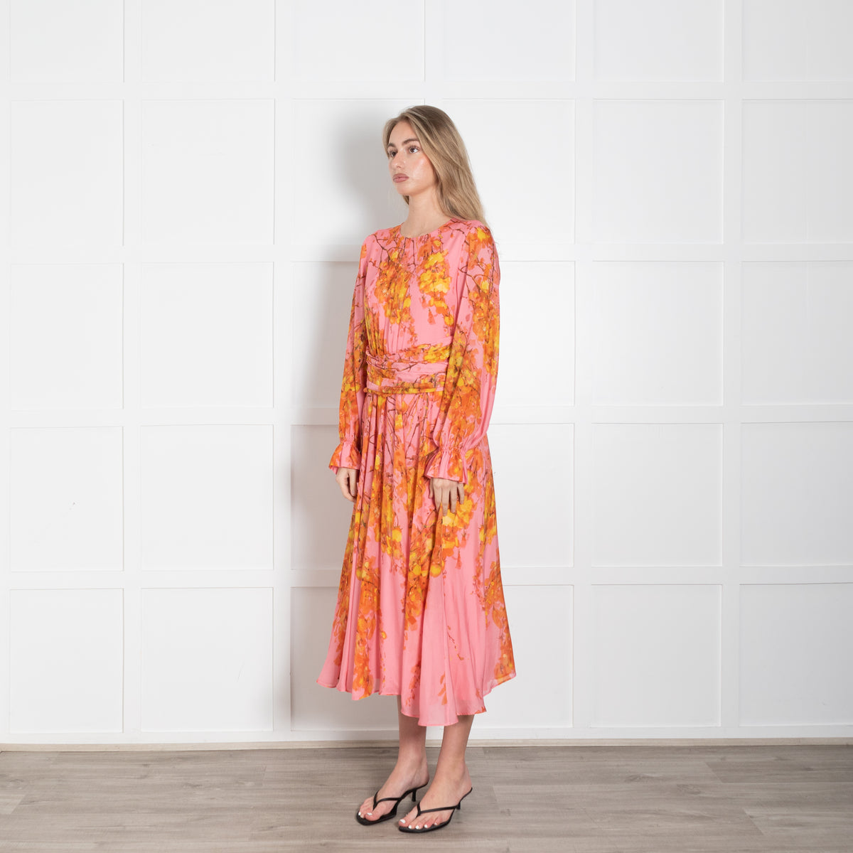 The Fold Pink & Yellow Floral Silk Dress With Gathered Long Sleeves