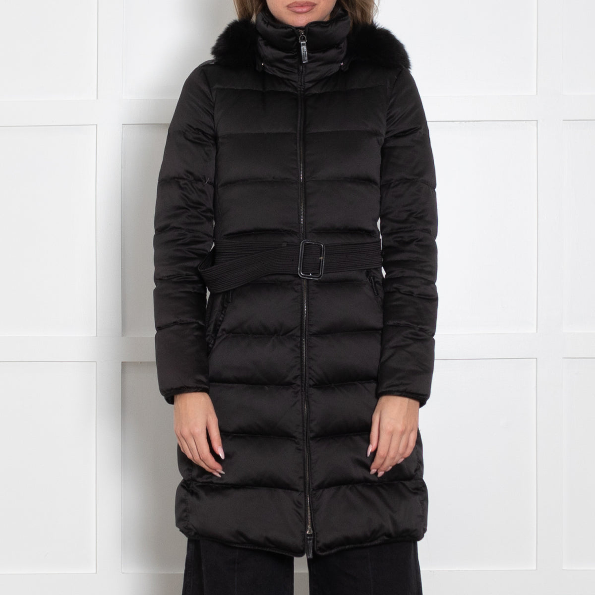 Burberry Prorsum Black Quilted Fur Hood Belted Coat