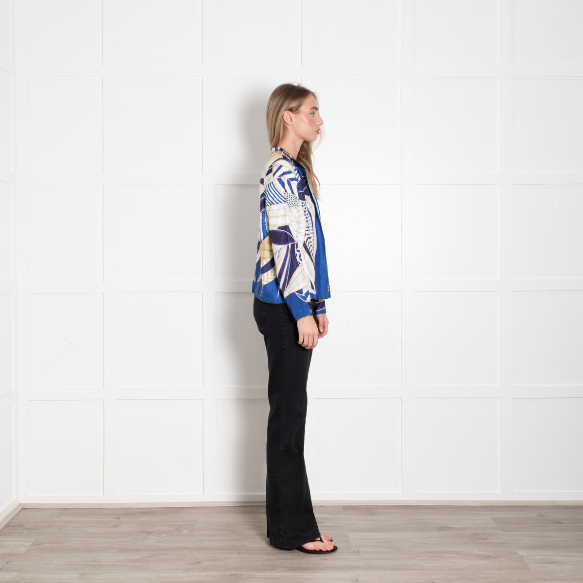 Charlotte Sparre Colbalt Blue Beige Green Abstract Leaf Print Silk Jacket