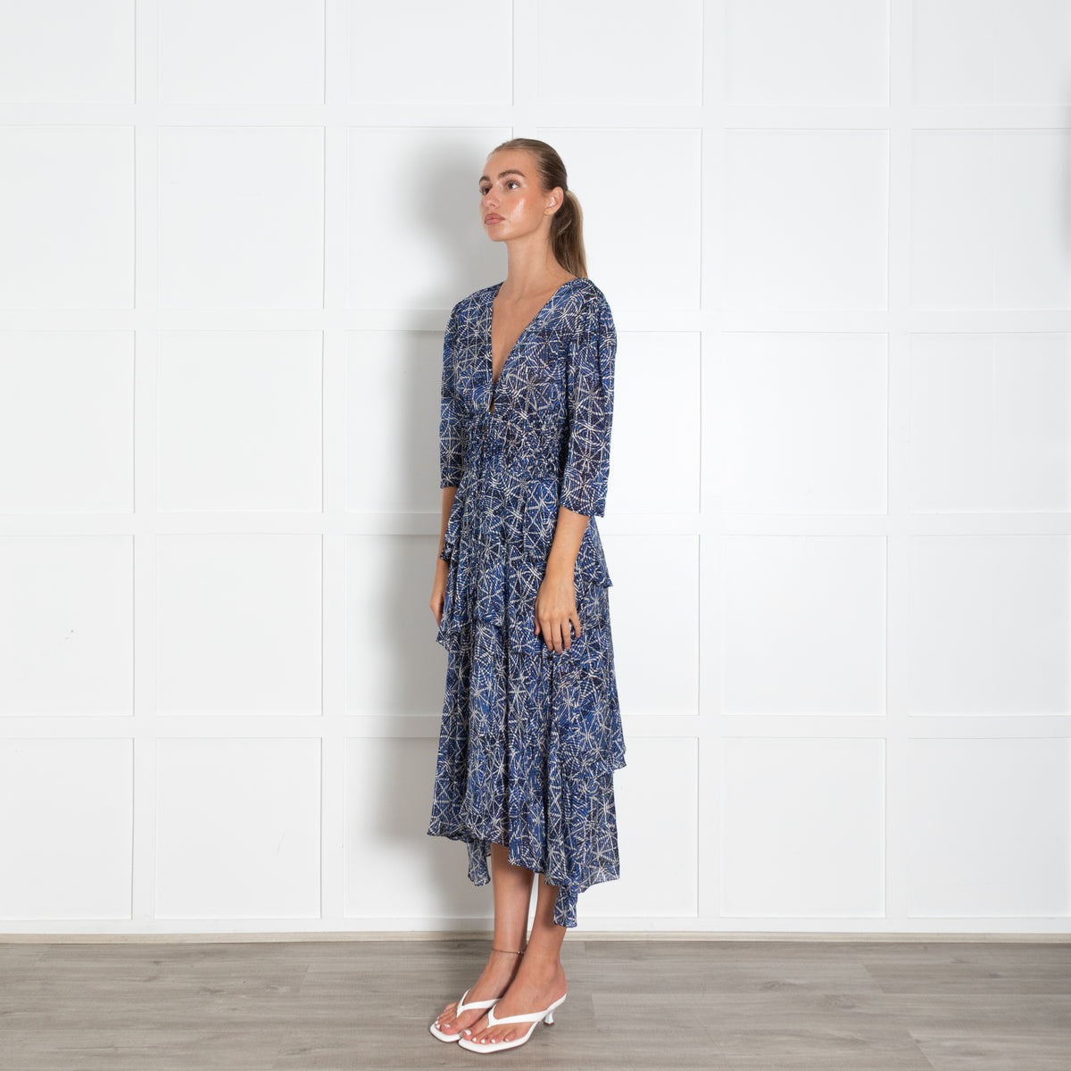 Maje Blue White V-Neck Frilled Midi Dress