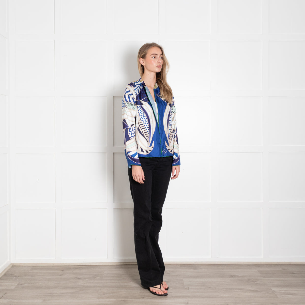 Charlotte Sparre Colbalt Blue Beige Green Abstract Leaf Print Silk Jacket