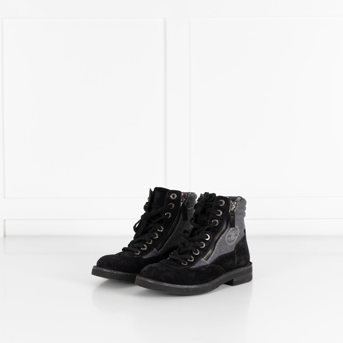 Chanel Black Suede And Canvas Lace Up Ankle Boots
