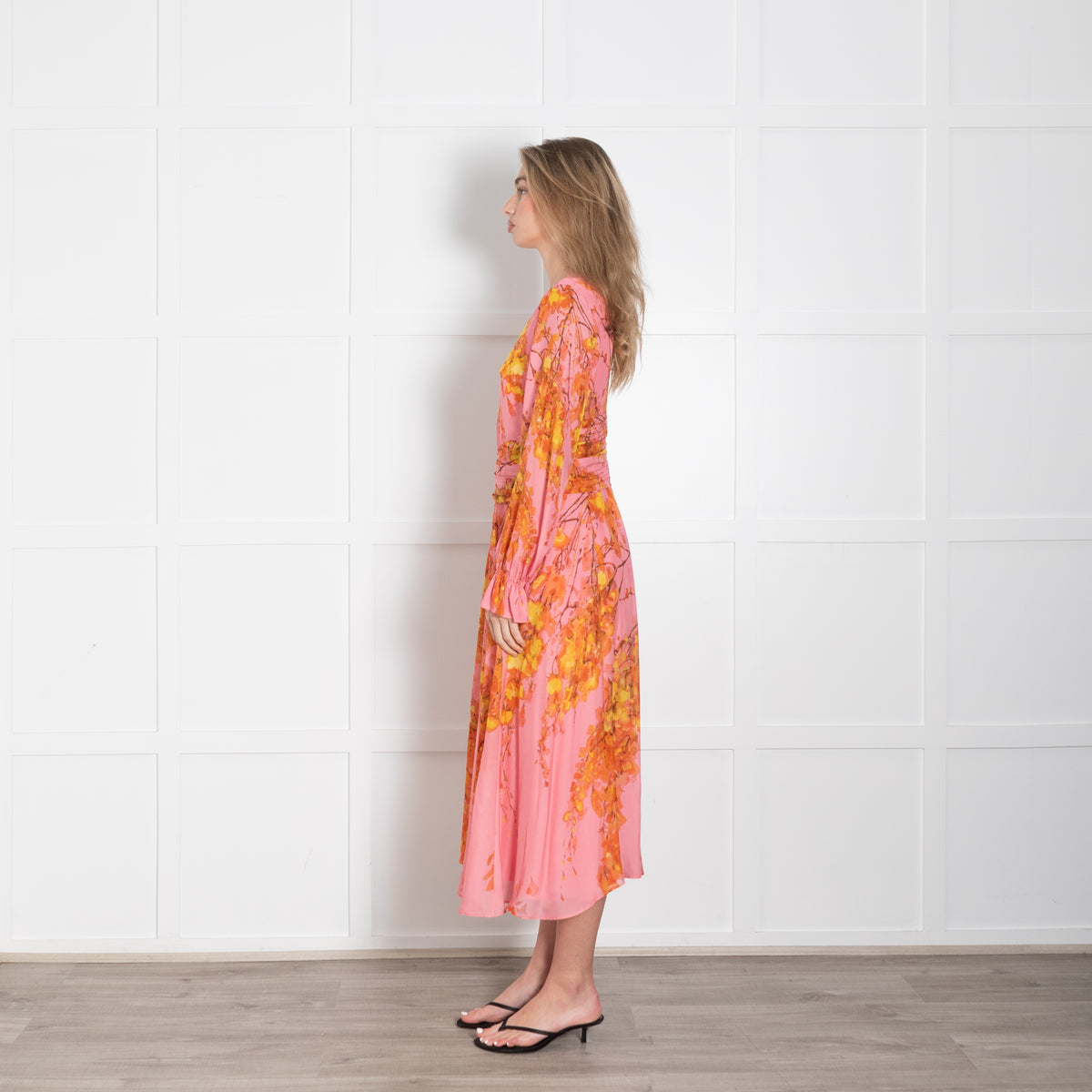 The Fold Pink & Yellow Floral Silk Dress With Gathered Long Sleeves