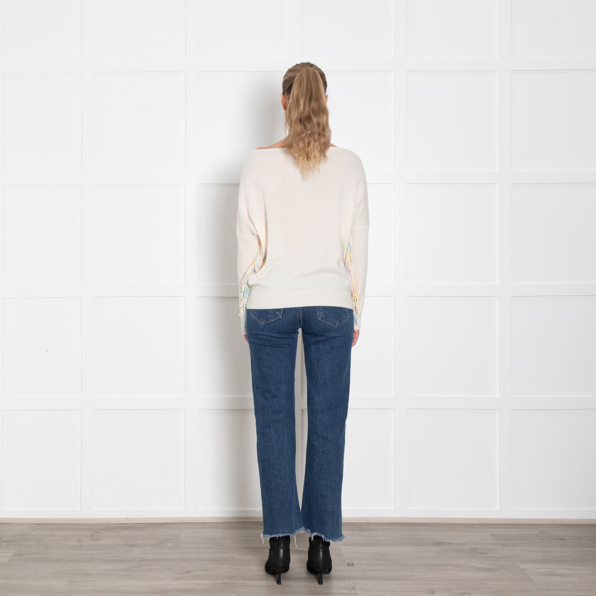 Kujten Cream Cashmere Jumper With Pastel Fringed Sleeves