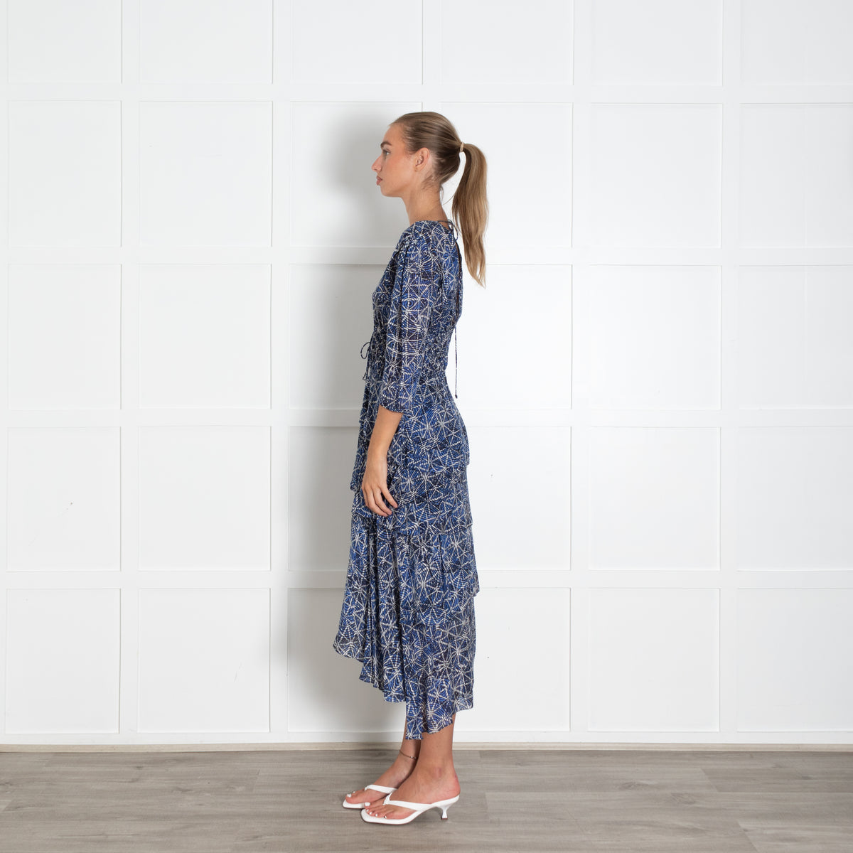 Maje Blue White V-Neck Frilled Midi Dress