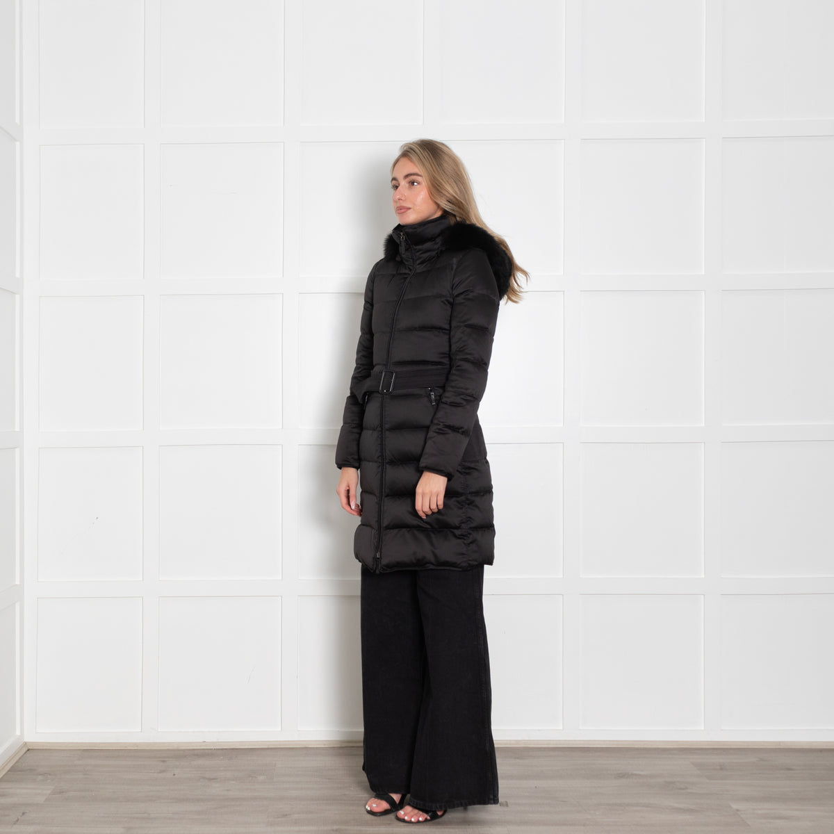 Burberry Prorsum Black Quilted Fur Hood Belted Coat