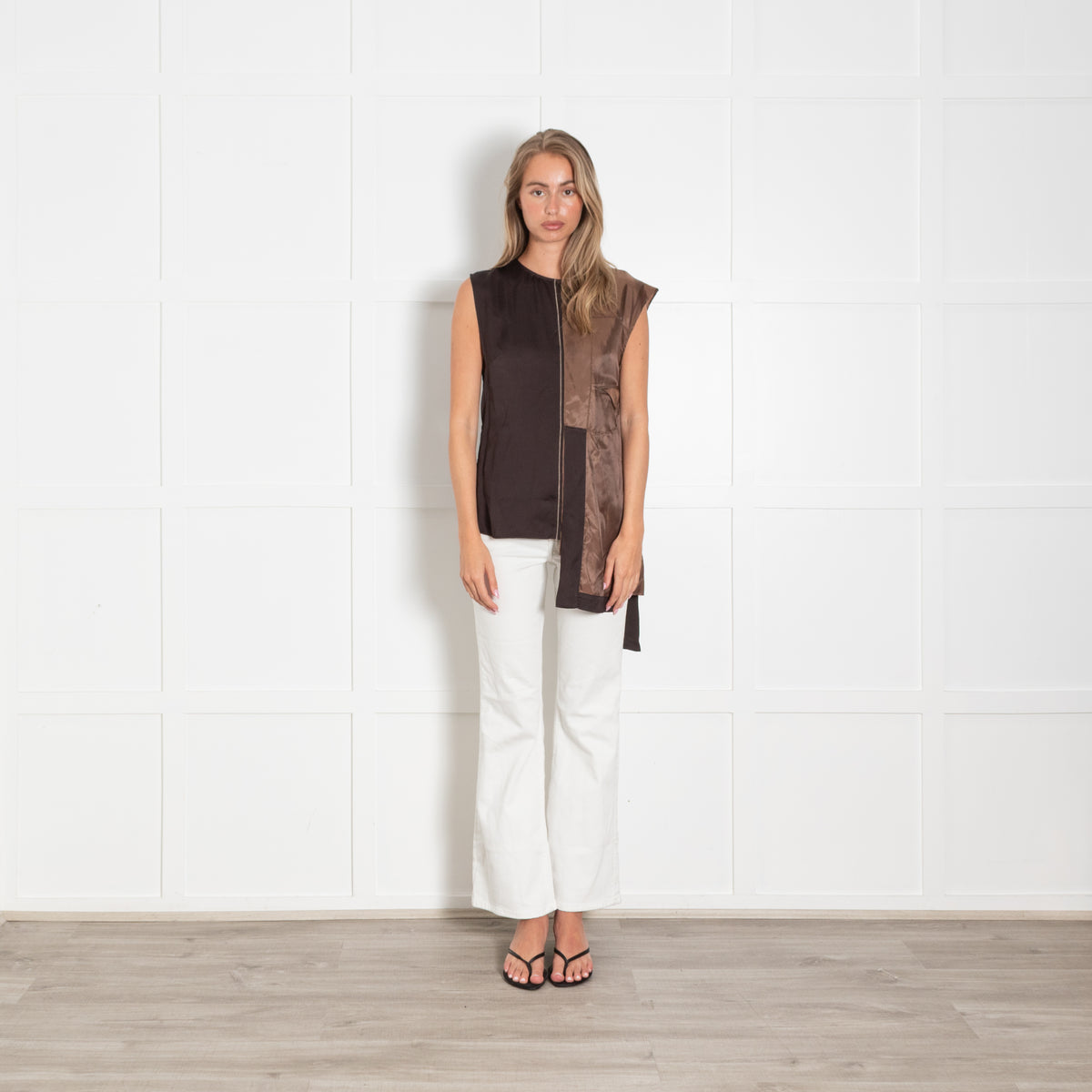 Adolfo Dominguez Dark/Light Brown Asymmetric Silk Sleeveless Top