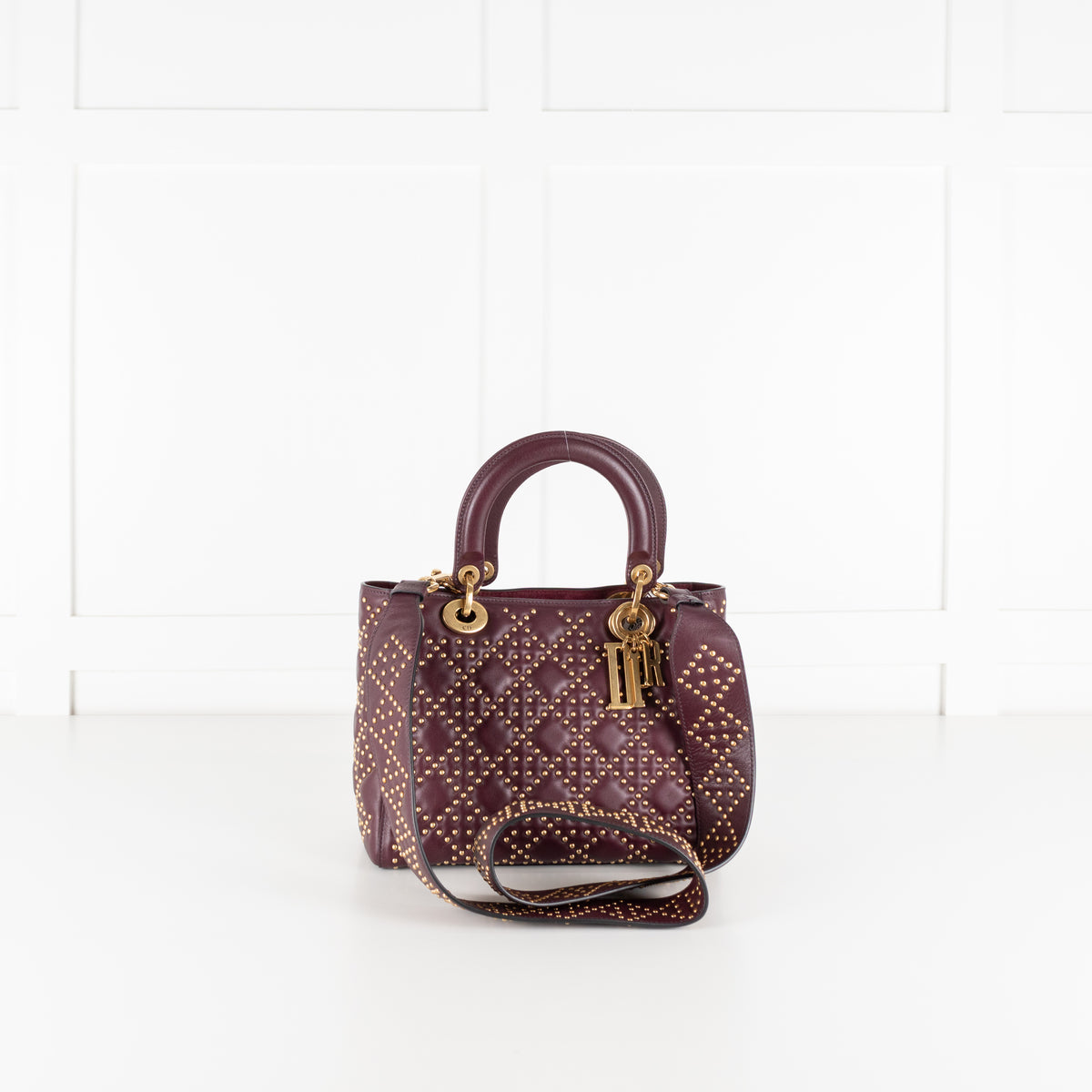 Dior Burgundy Gold Studded Leather Lady Dior