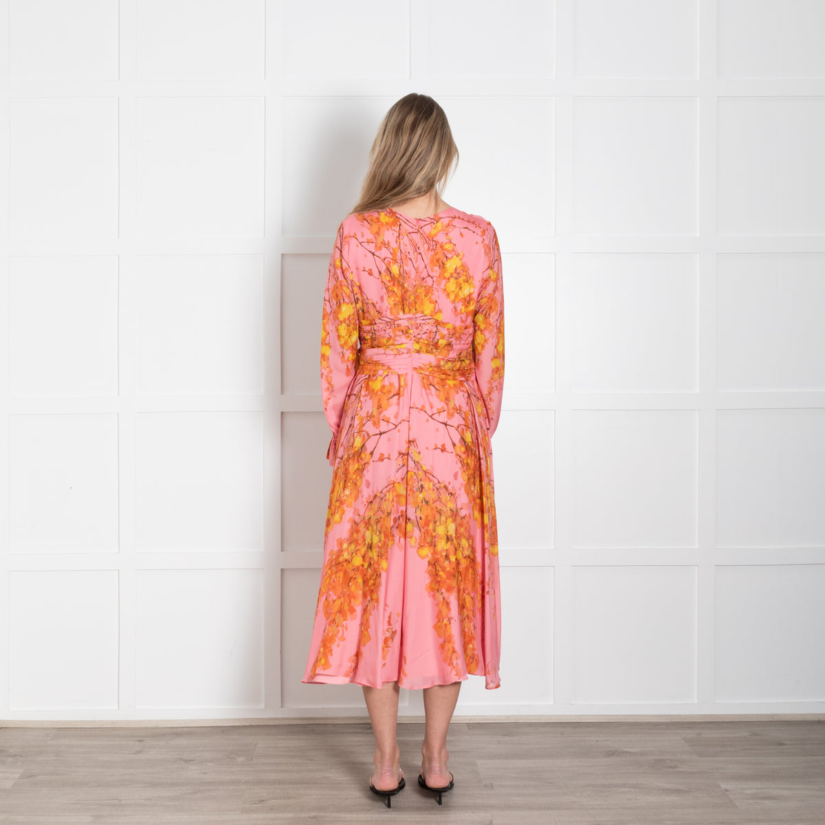 The Fold Pink & Yellow Floral Silk Dress With Gathered Long Sleeves