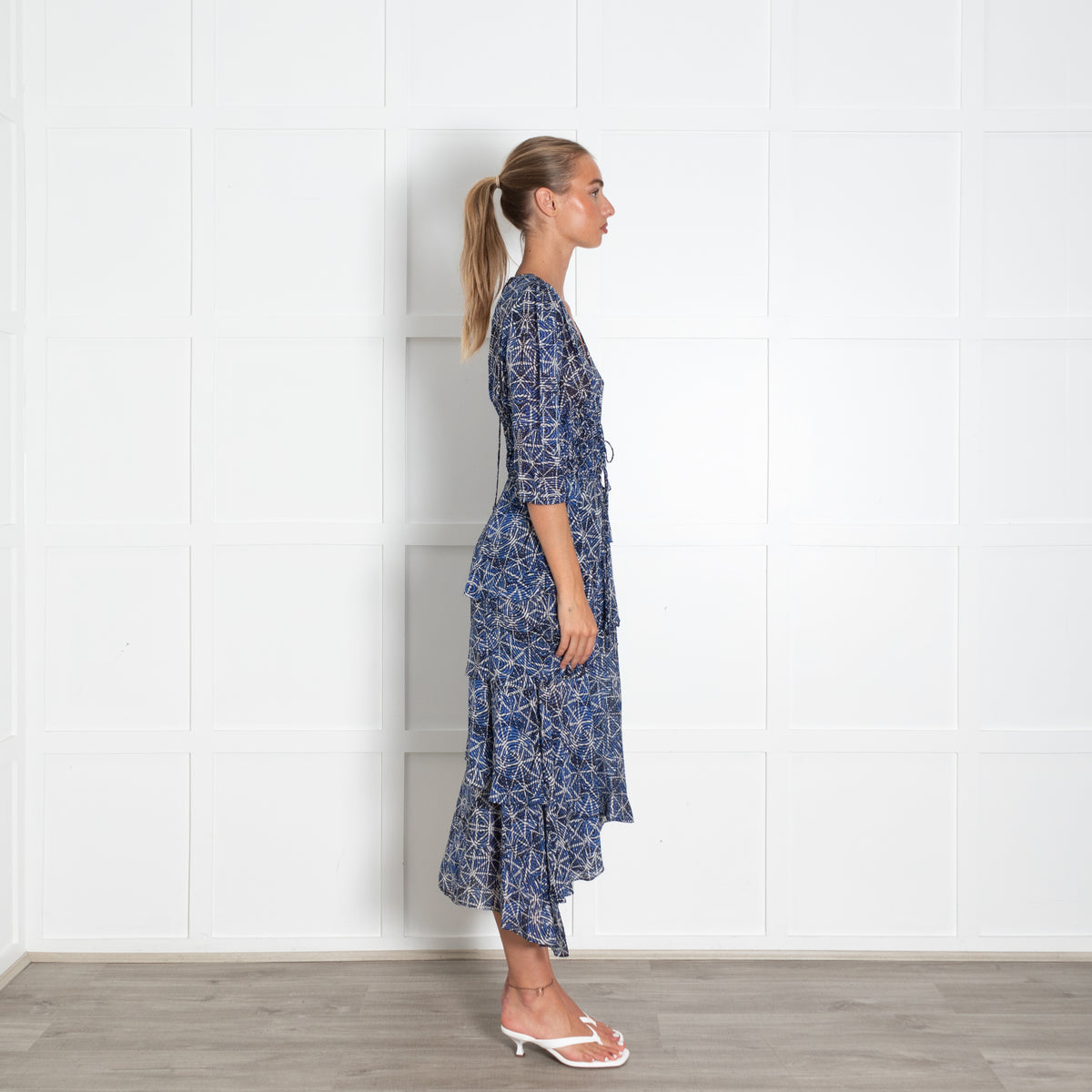 Maje Blue White V-Neck Frilled Midi Dress