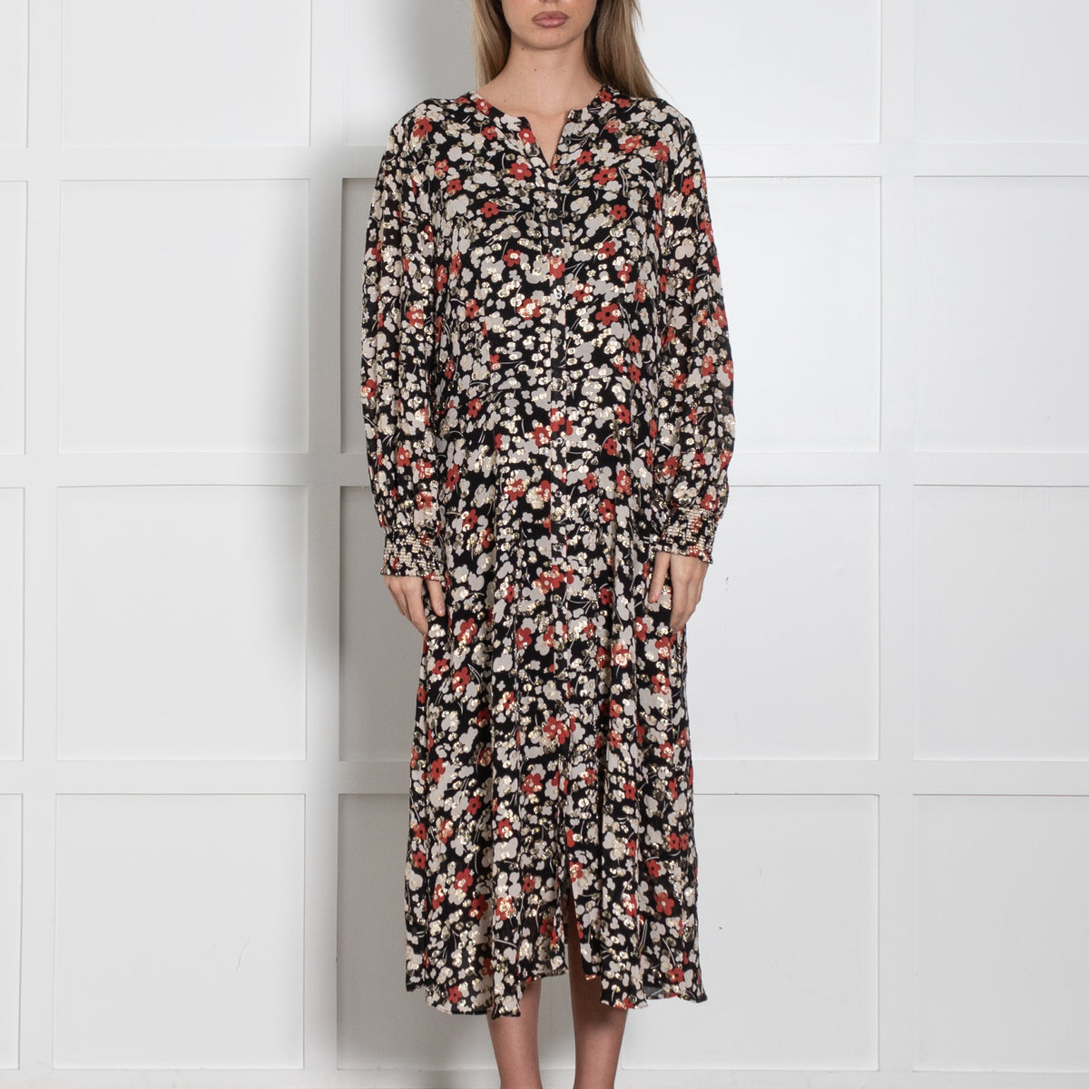 Somerset By Alice Temperley Black Cream Rust Gold Lurex Flower Print Dress