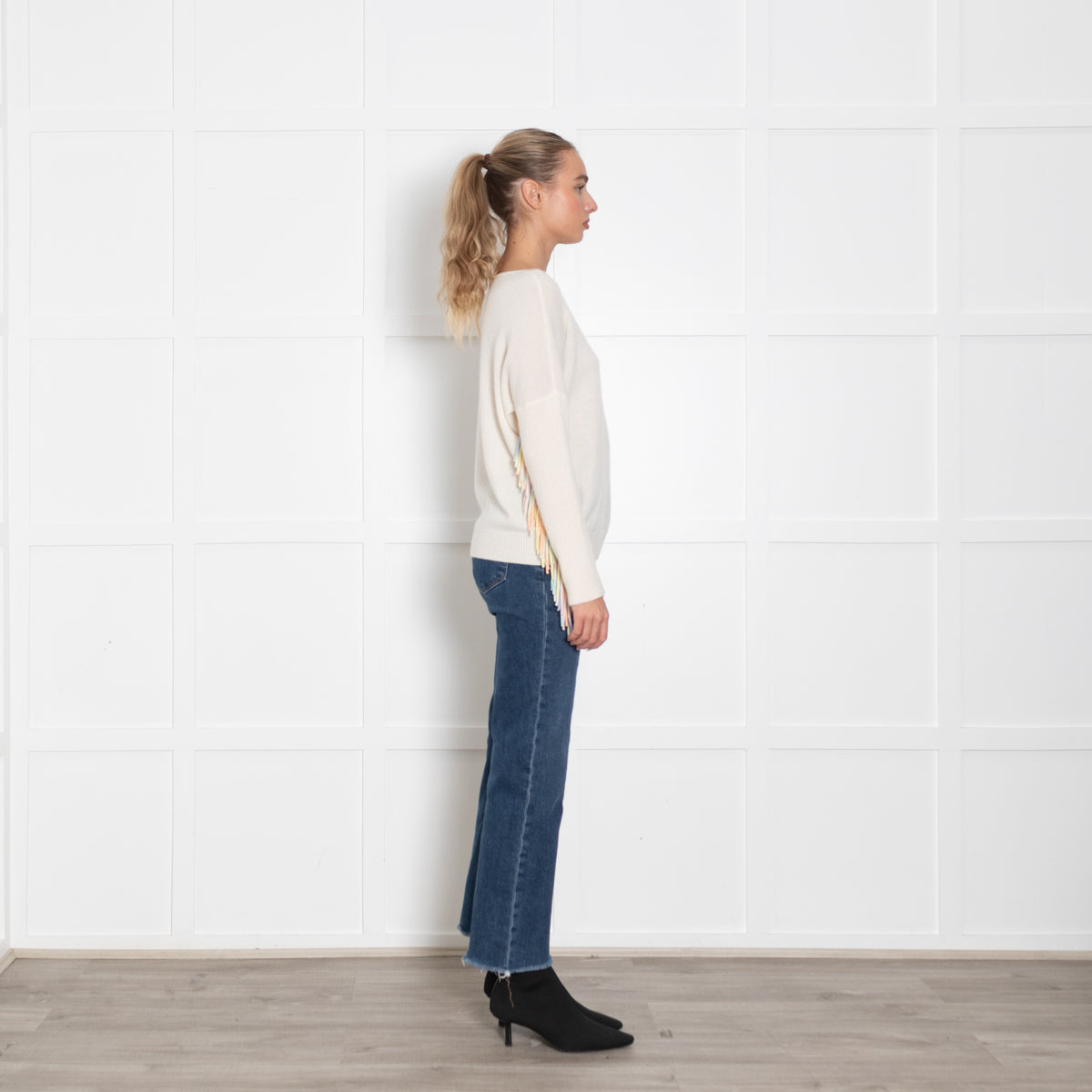 Kujten Cream Cashmere Jumper With Pastel Fringed Sleeves