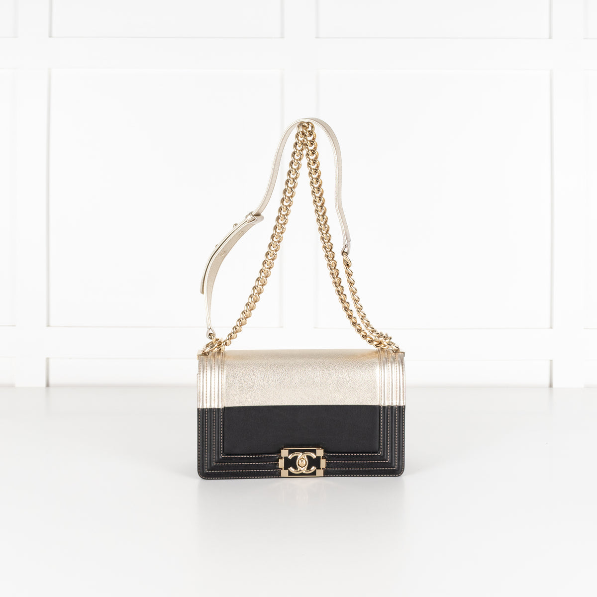 Chanel Medium Boy Coco Mark Black and Metallic Gold Leather Shoulder Bag