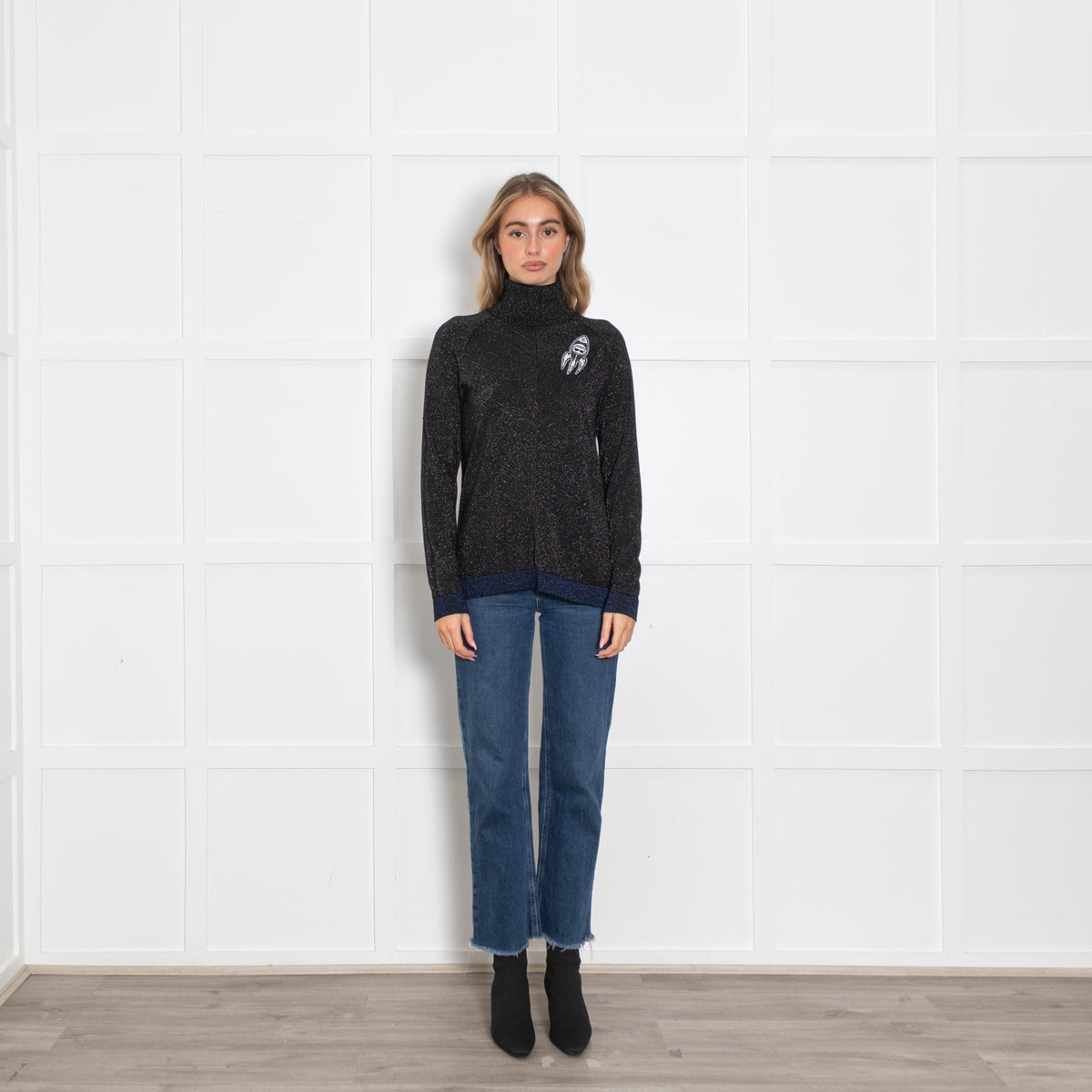 Karl Lagerfeld Black Glitter Roll Neck Fitted Top