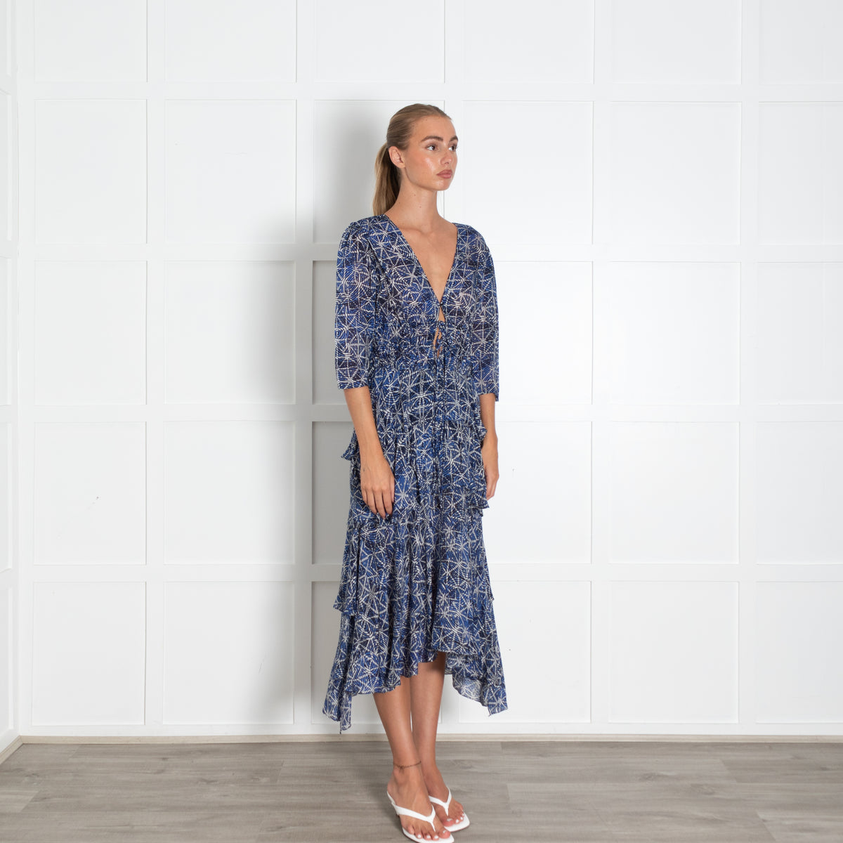 Maje Blue White V-Neck Frilled Midi Dress