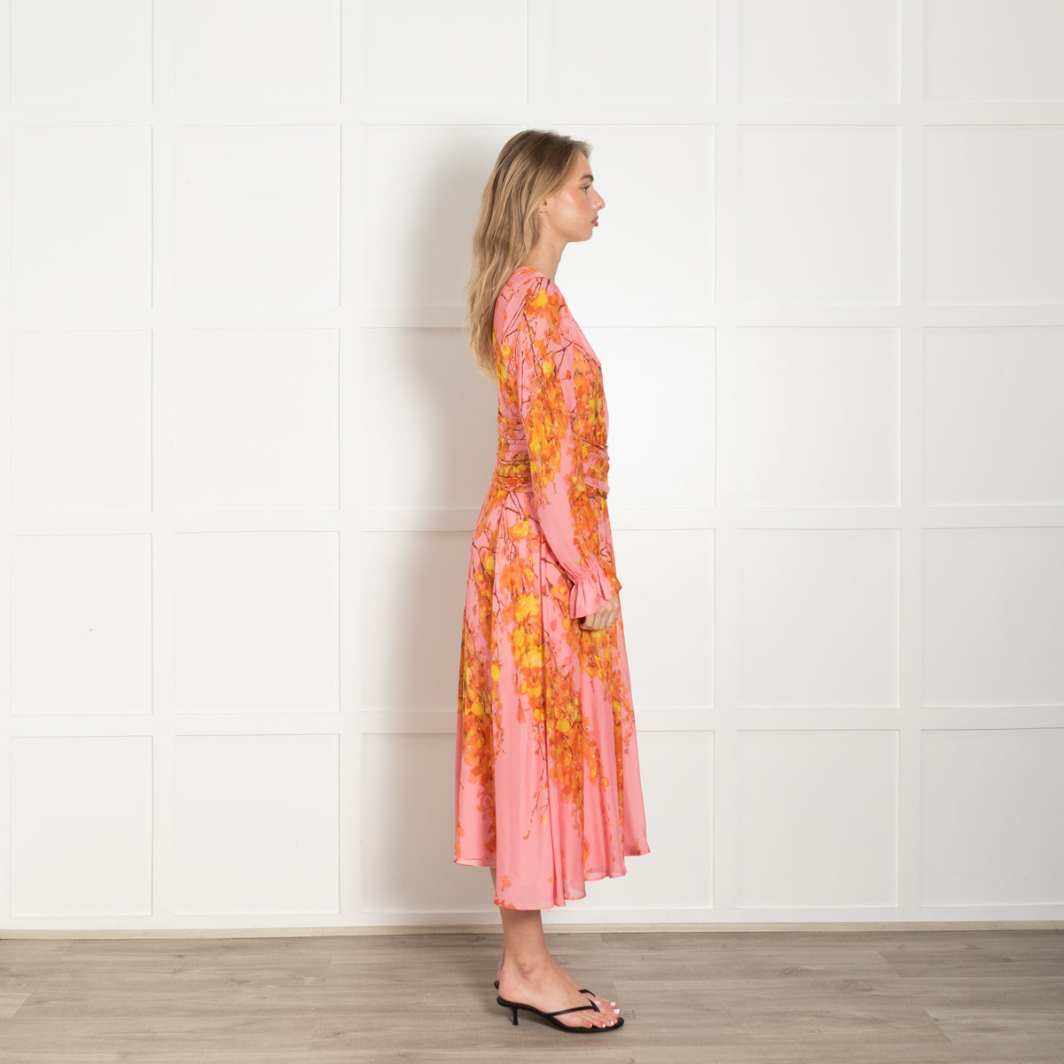 The Fold Pink & Yellow Floral Silk Dress With Gathered Long Sleeves