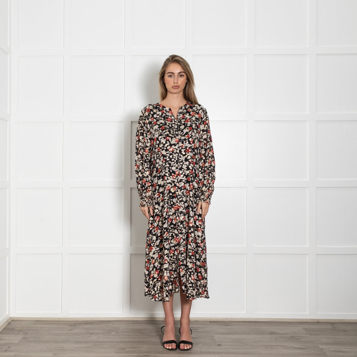 Somerset By Alice Temperley Black Cream Rust Gold Lurex Flower Print Dress