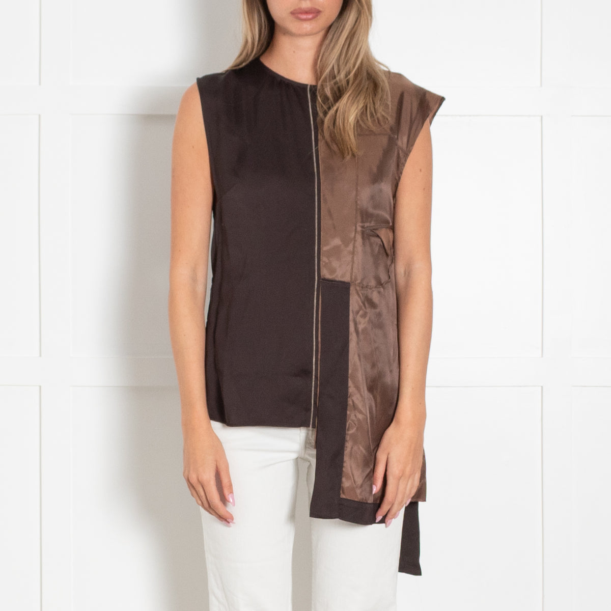 Adolfo Dominguez Dark/Light Brown Asymmetric Silk Sleeveless Top