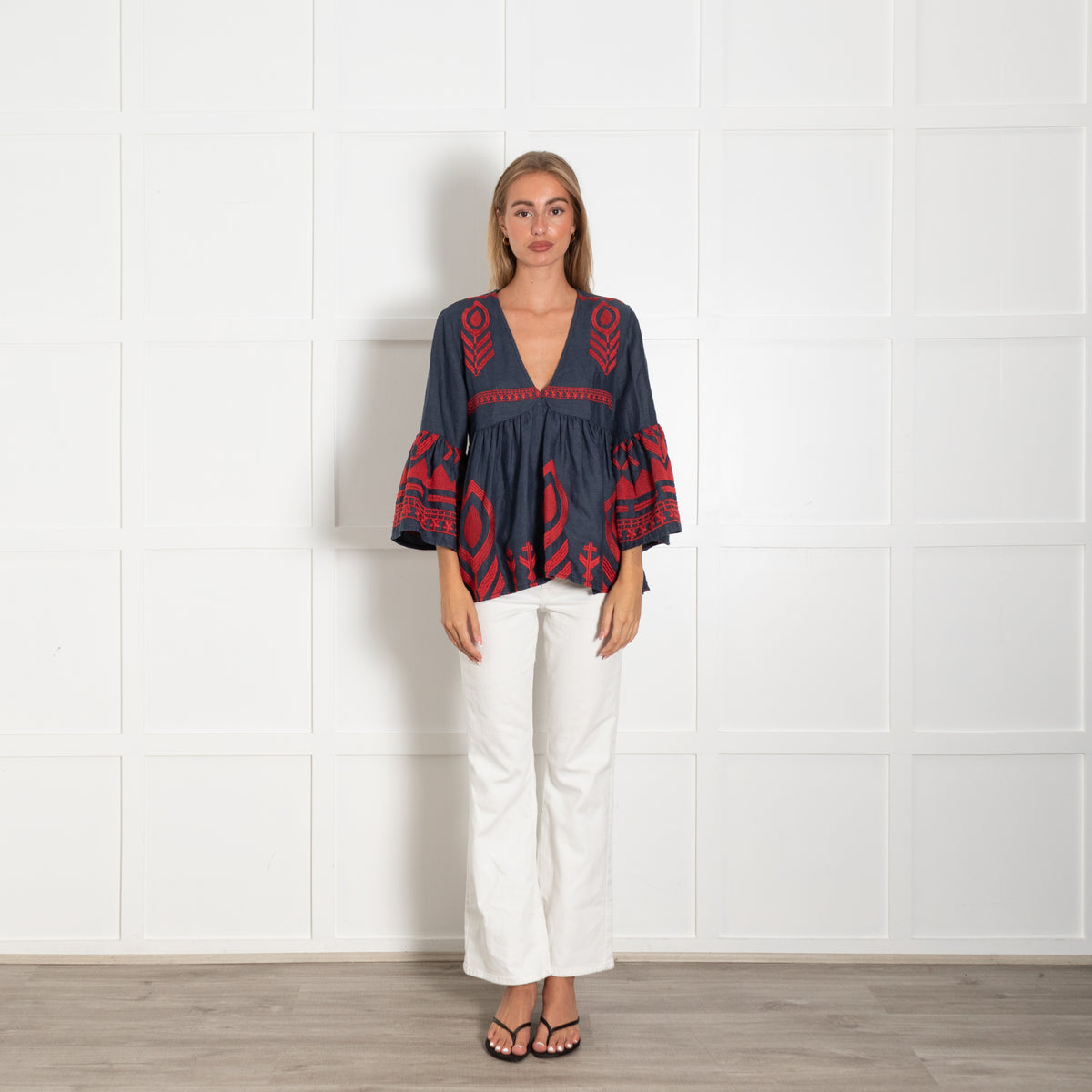 Greek Archaic Kori Blue And Red Embroidered Top