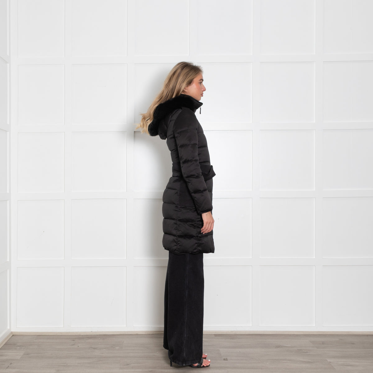 Burberry Prorsum Black Quilted Fur Hood Belted Coat