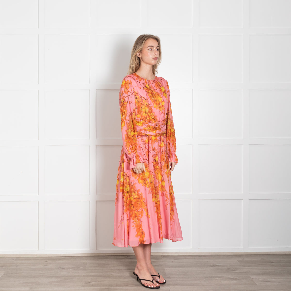 The Fold Pink & Yellow Floral Silk Dress With Gathered Long Sleeves
