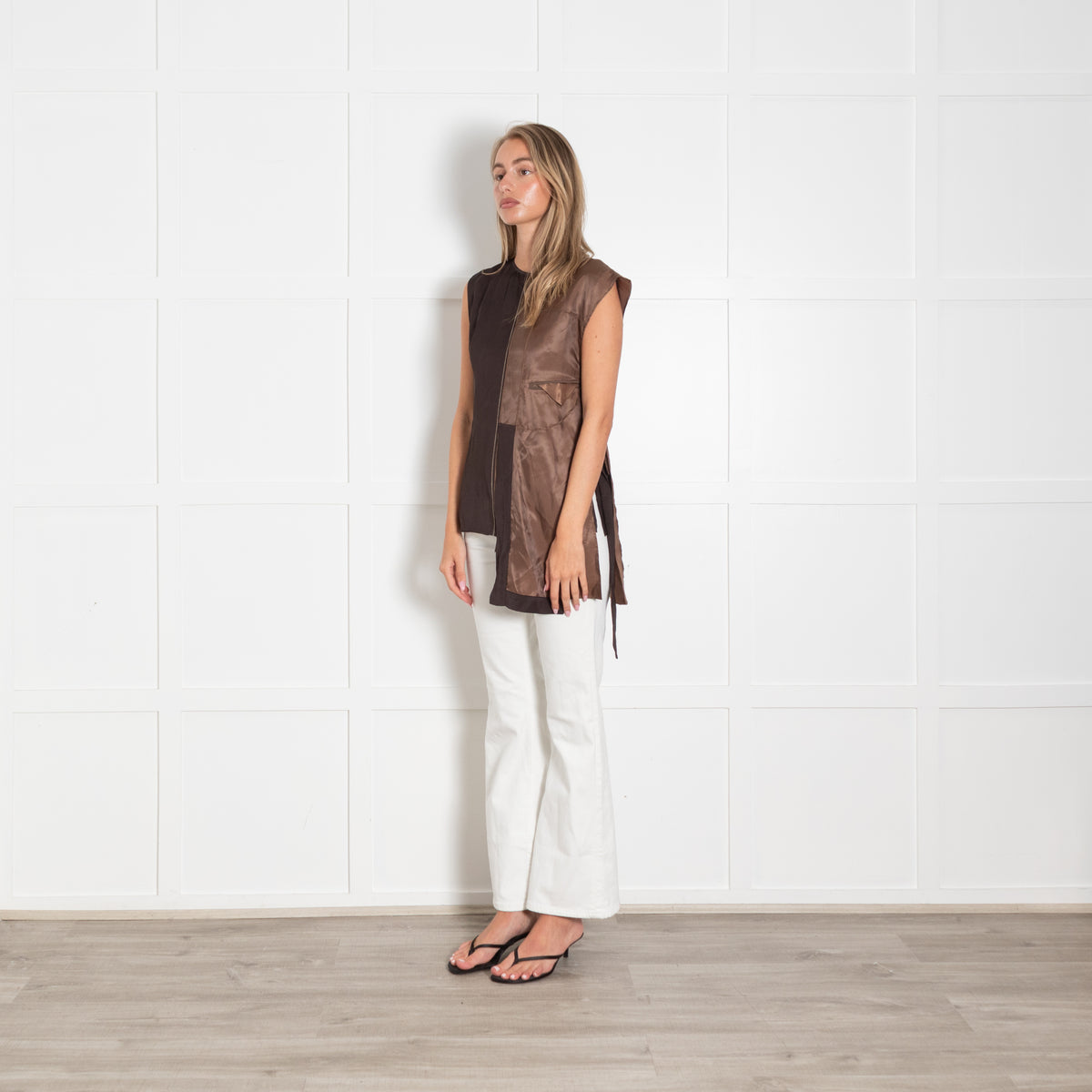 Adolfo Dominguez Dark/Light Brown Asymmetric Silk Sleeveless Top