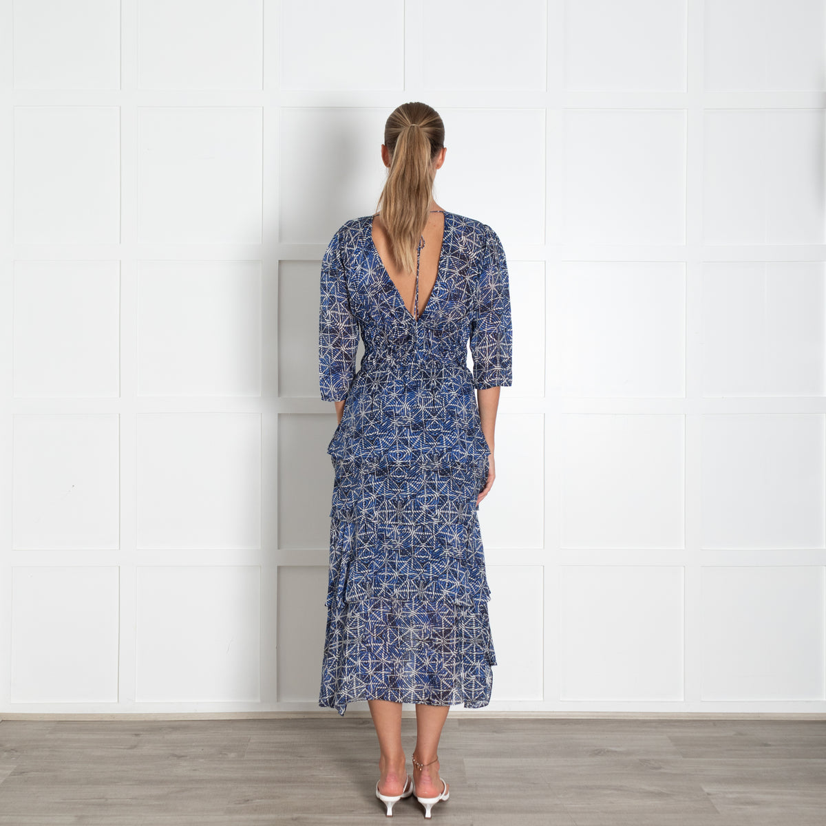 Maje Blue White V-Neck Frilled Midi Dress