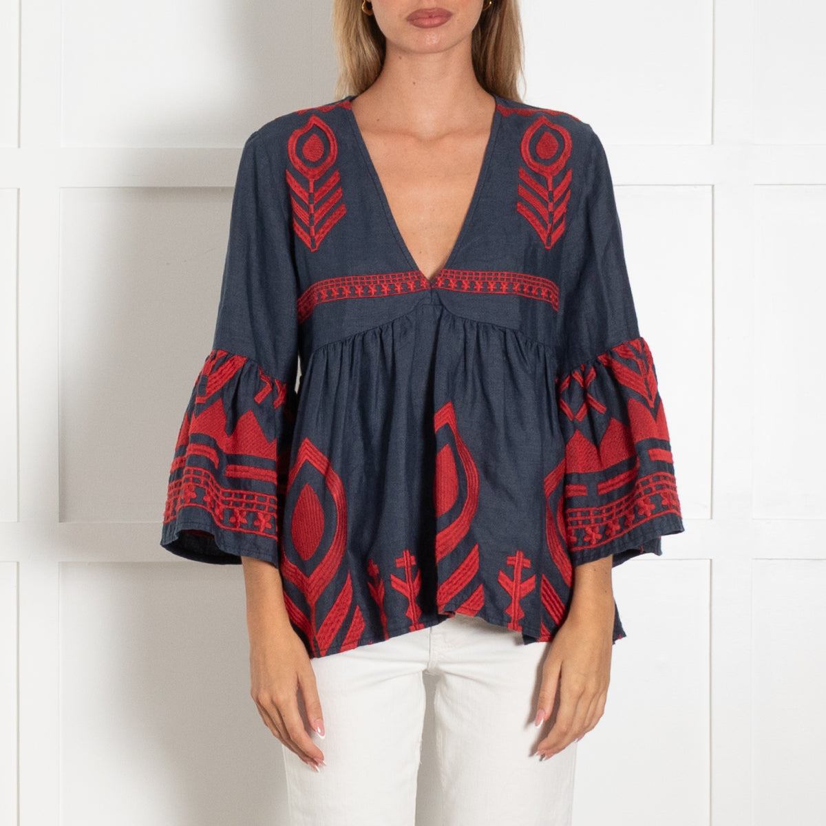 Greek Archaic Kori Blue And Red Embroidered Top